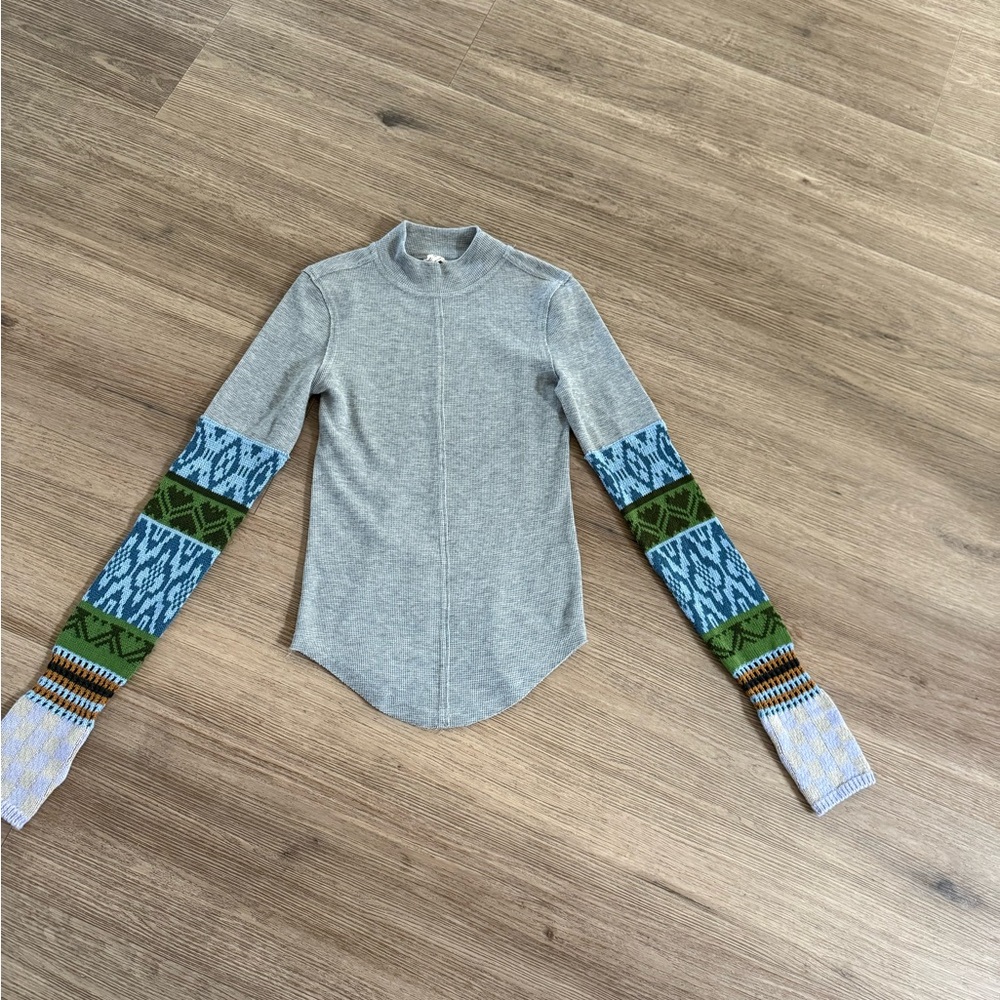 Free People / we the free Gray Top with Green and Blue Patterned Sleeves